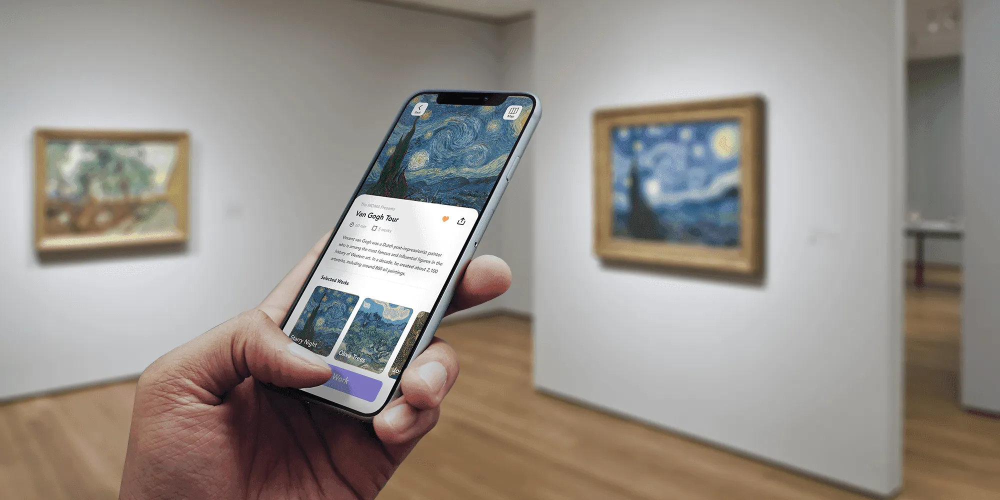 The GalleryPal Van Gogh tour open on a phone held in front of Starry Night in the gallery
