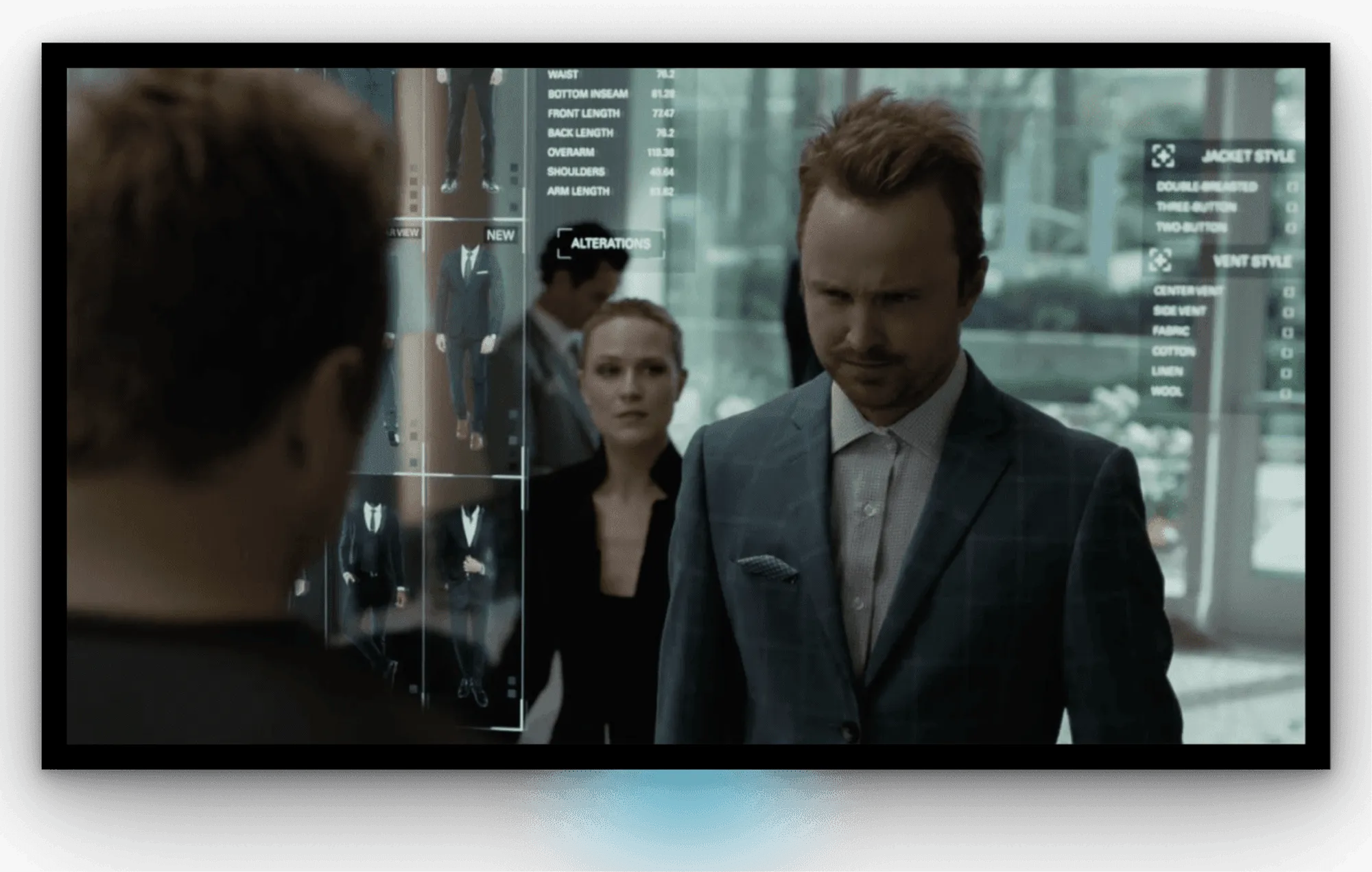 A scene from HBO's Westworld showing a smart mirror assisting a character with style choices