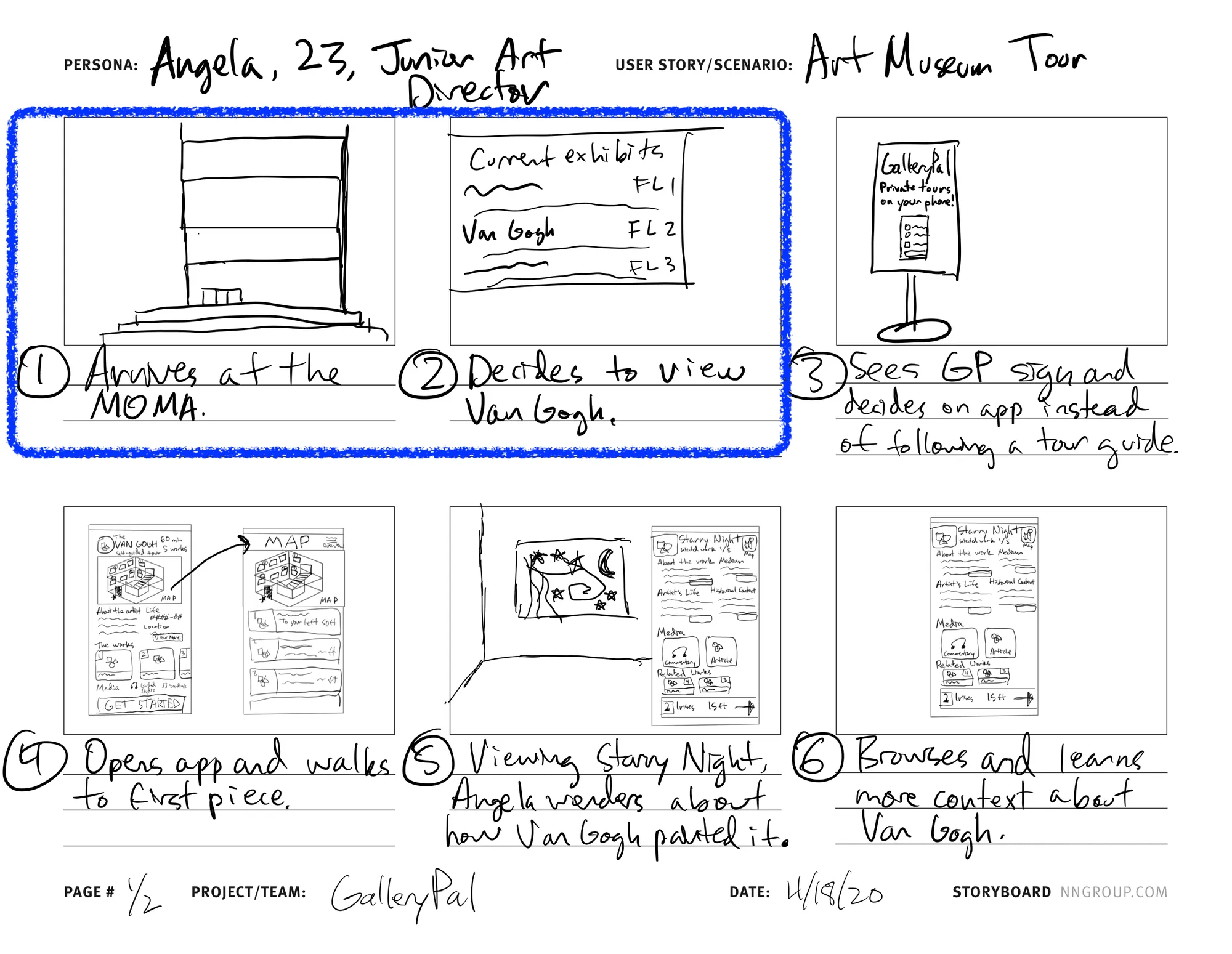 Storyboard page one: Angela arrives at the MoMA, decides to see Van Gogh, sees the GalleryPal sign, and opens the app