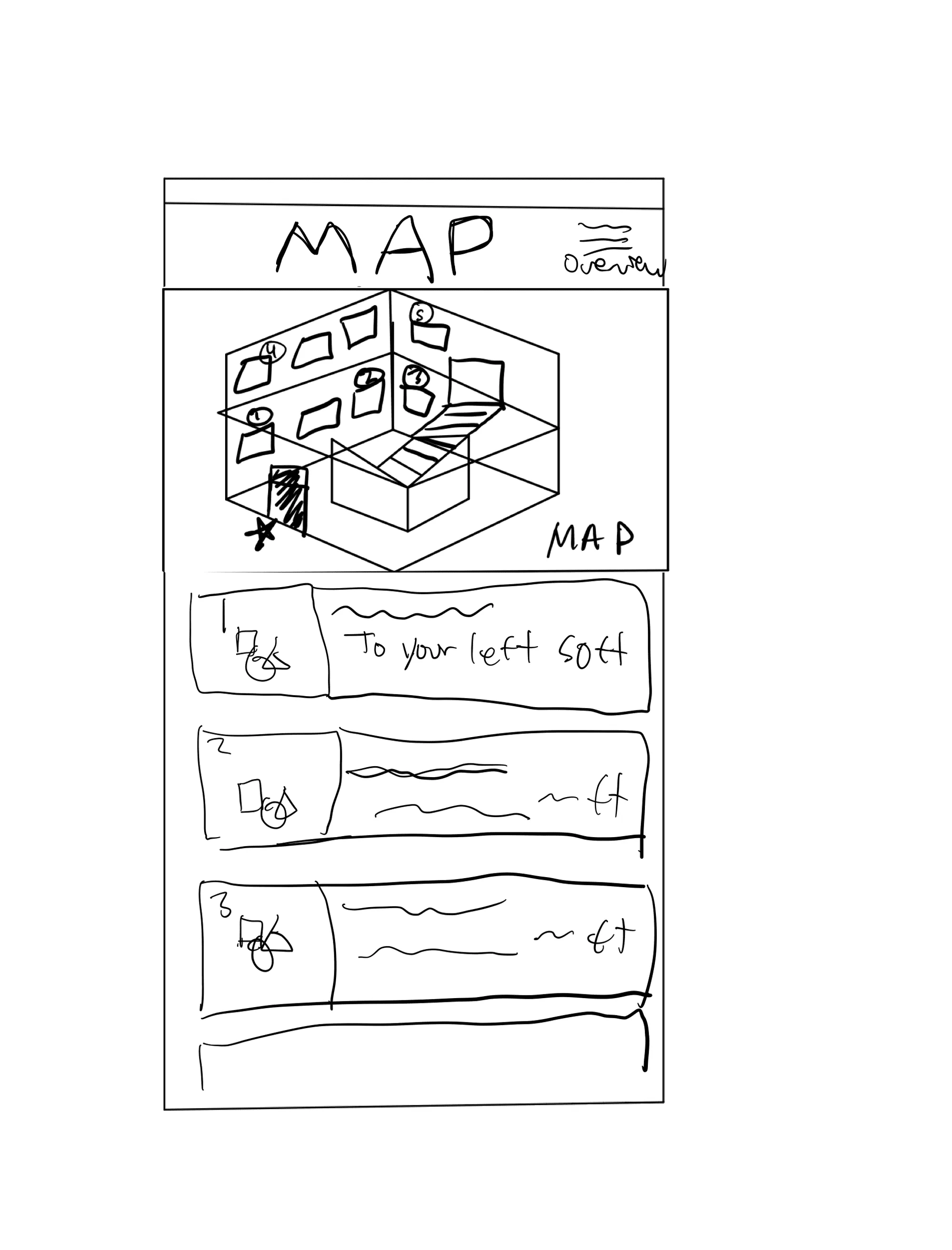 Map wireframe showing step-by-step directions to each piece on the tour