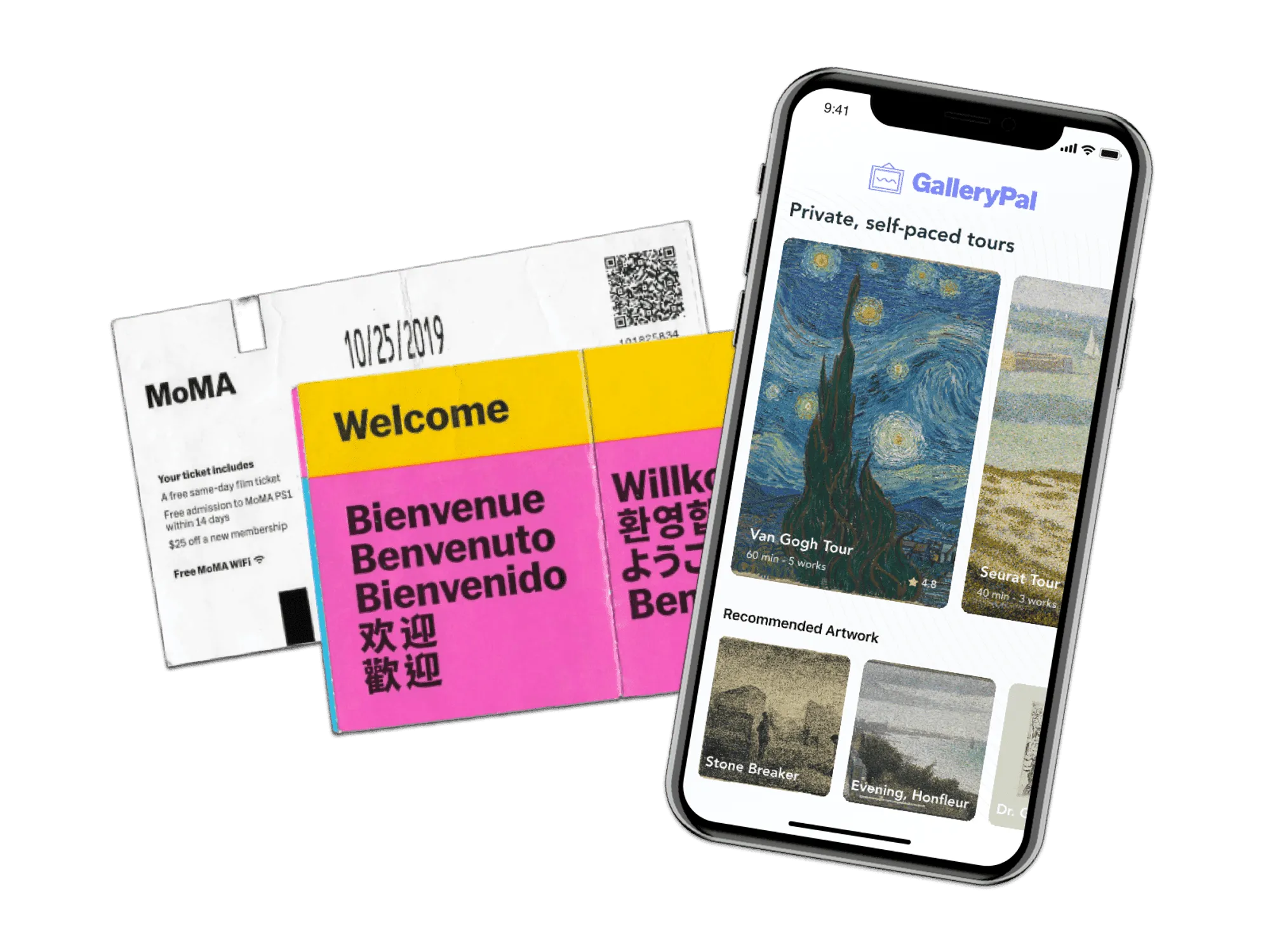 The GalleryPal home screen beside a MoMA welcome ticket, offering private self-paced tours
