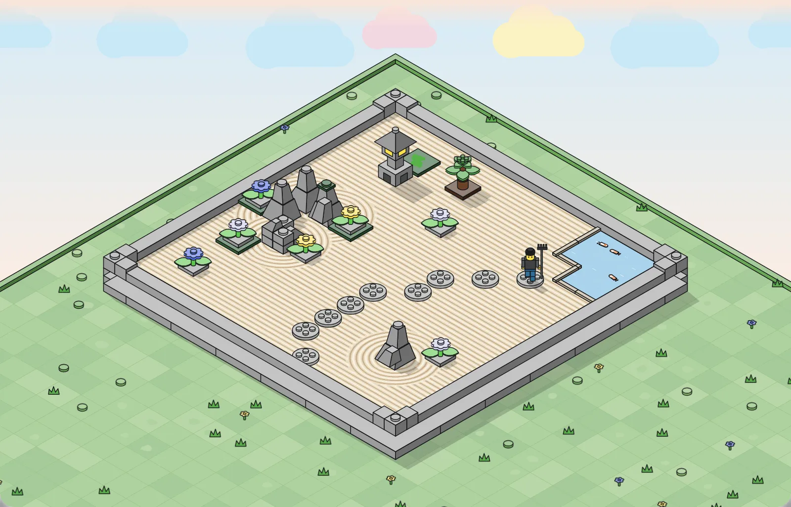 A Japanese garden made from LEGO, with raked sand, flowers, a stone lantern, stepping stones and a pond.